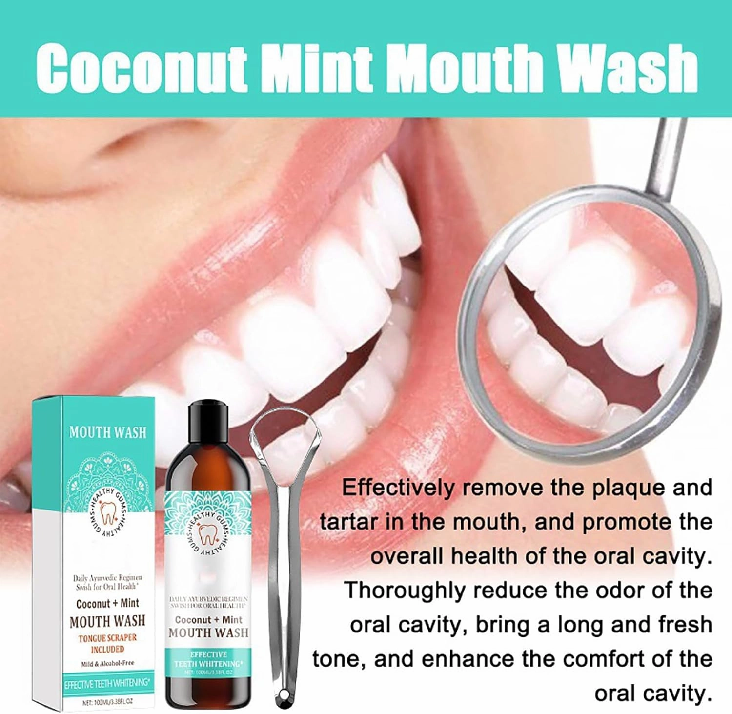 Coconut Mint Mouthwash,Natural Coconut & Peppermint Oil Mouthwash with Tongue Scraper (2pcs)