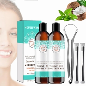 Coconut Mint Mouthwash,Natural Coconut & Peppermint Oil Mouthwash with Tongue Scraper (2pcs)