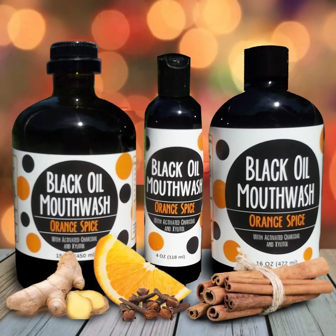 Coconut/Avocado/Sesame Black Oil Mouthwash, Sweet & Delicious, with Charcoal & Xylitol for Oil Pulling, 15 oz Black Oil Mouthwash Glass Bottle (Orange Cinnamon Spice)