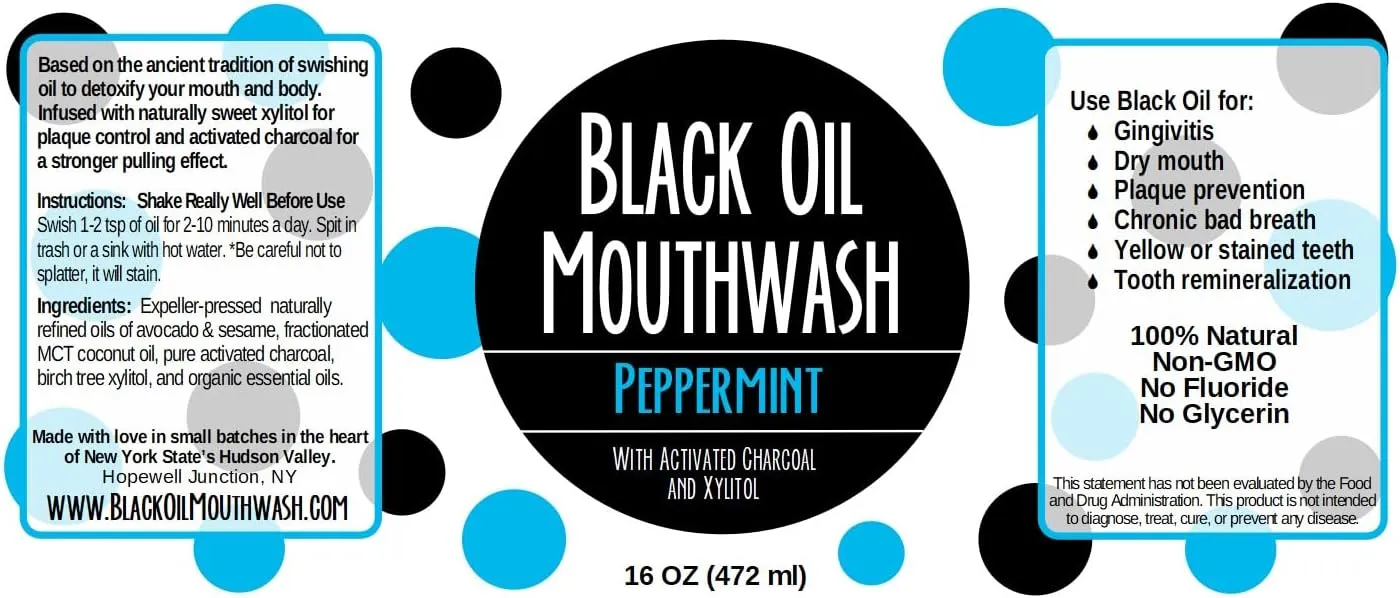 Coconut/Avocado/Sesame Oil Mouthwash, Sweet & Delicious, with Charcoal & Xylitol for Oil Pulling, 16 oz Black Oil Mouthwash (Peppermint)