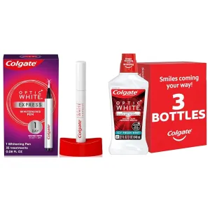 Colgate Optic White Express Teeth Whitening Pen with 35 Treatments, Enamel Safe & Optic White Whitening Mouthwash, 2% Hydrogen Peroxide, Fresh Mint, 32 Ounce, 3 Pack (Packaging May Vary)
