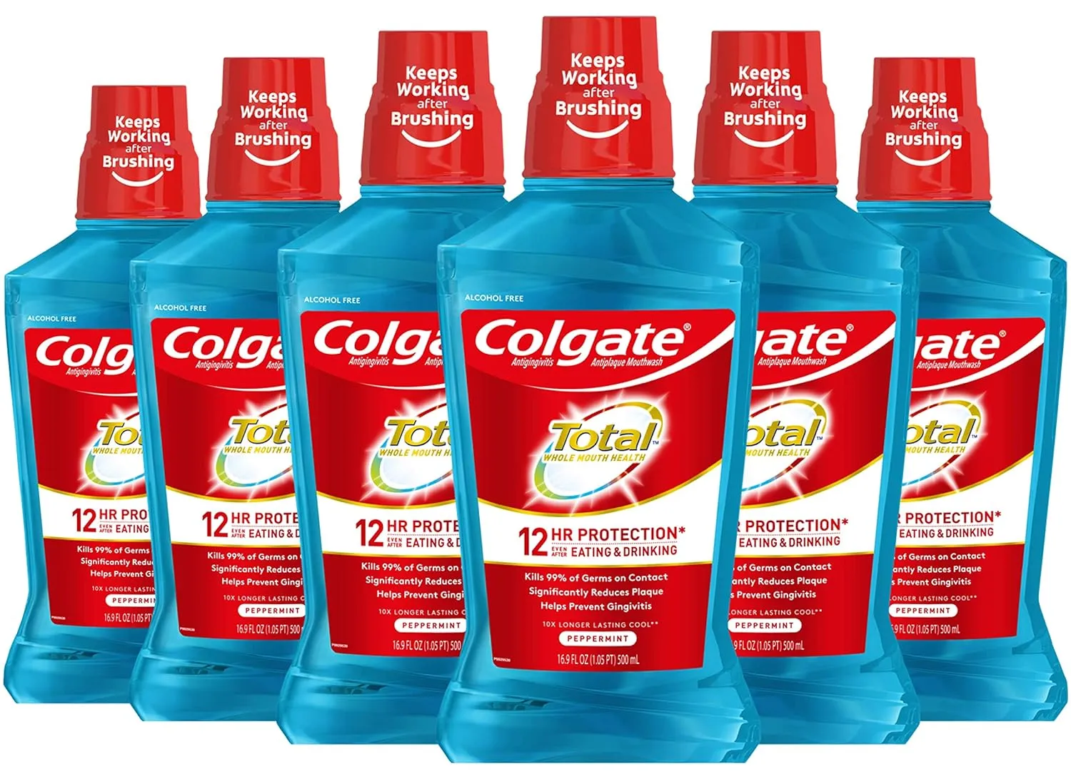 Colgate Total Pro-Shield Alcohol Free Mouthwash, Antibacterial Formula, Peppermint - 500 mL, 16.9 fluid ounce (6 Pack)
