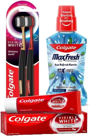 Colgate Whole Mouth Complete Whiting Kit Visible White Toothpaste 100g and Maxfresh MouthWash 250ml with Visible White O2 Ultra Soft Toothbrush Helps Whole Mouth Fresh Breath and Whiting