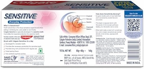 Colgate Sensitive Everyday Protection Toothpaste, Combo Pack of 160g (80g X 2), Specifically Developed for Sensitive Teeth & Healthy Gums, Colgate Toothpaste for Prevention of Cavities & Plaque