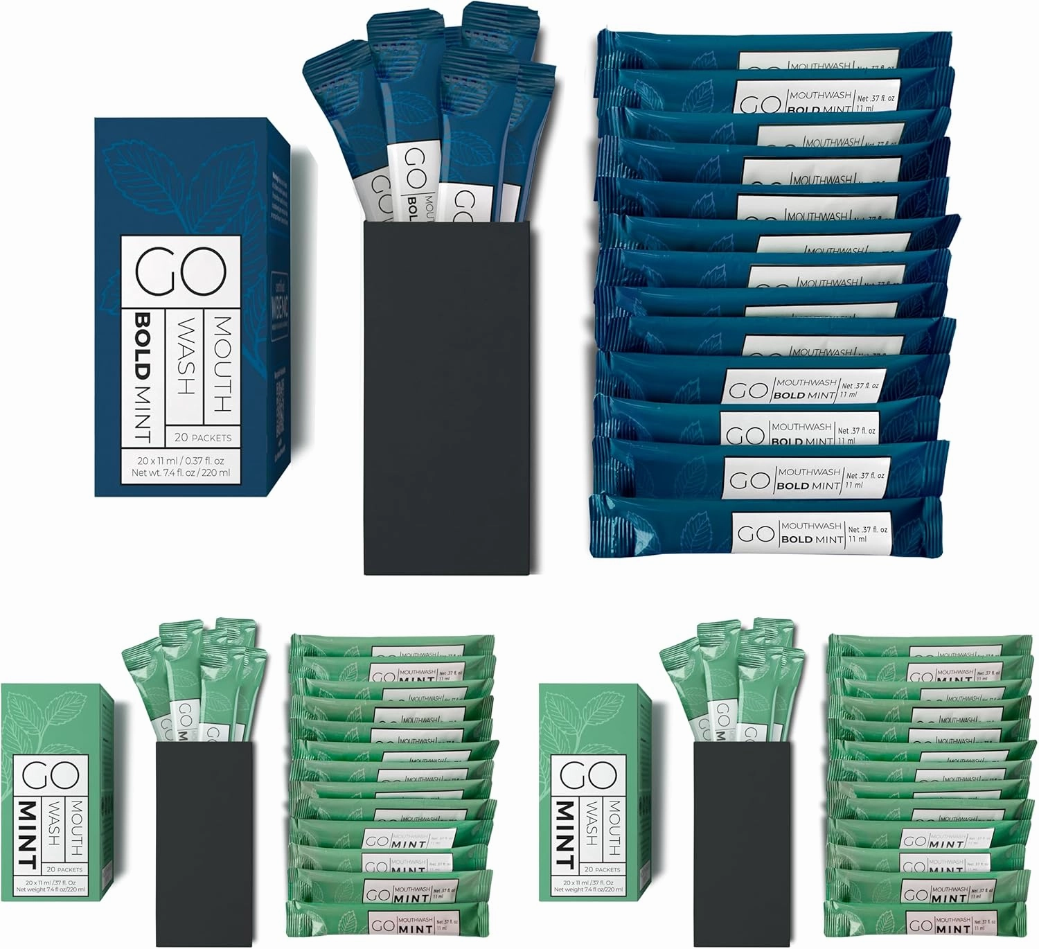 Combo Kit GO Travel Size Mouthwash Packets BOLD Mint – Individual Mini Mouthwash for Fresh Breath - Smart Packet Design to reduce travel bottle waste -BOLD Mint Flavored Portable Travel Mouthwash Bulk