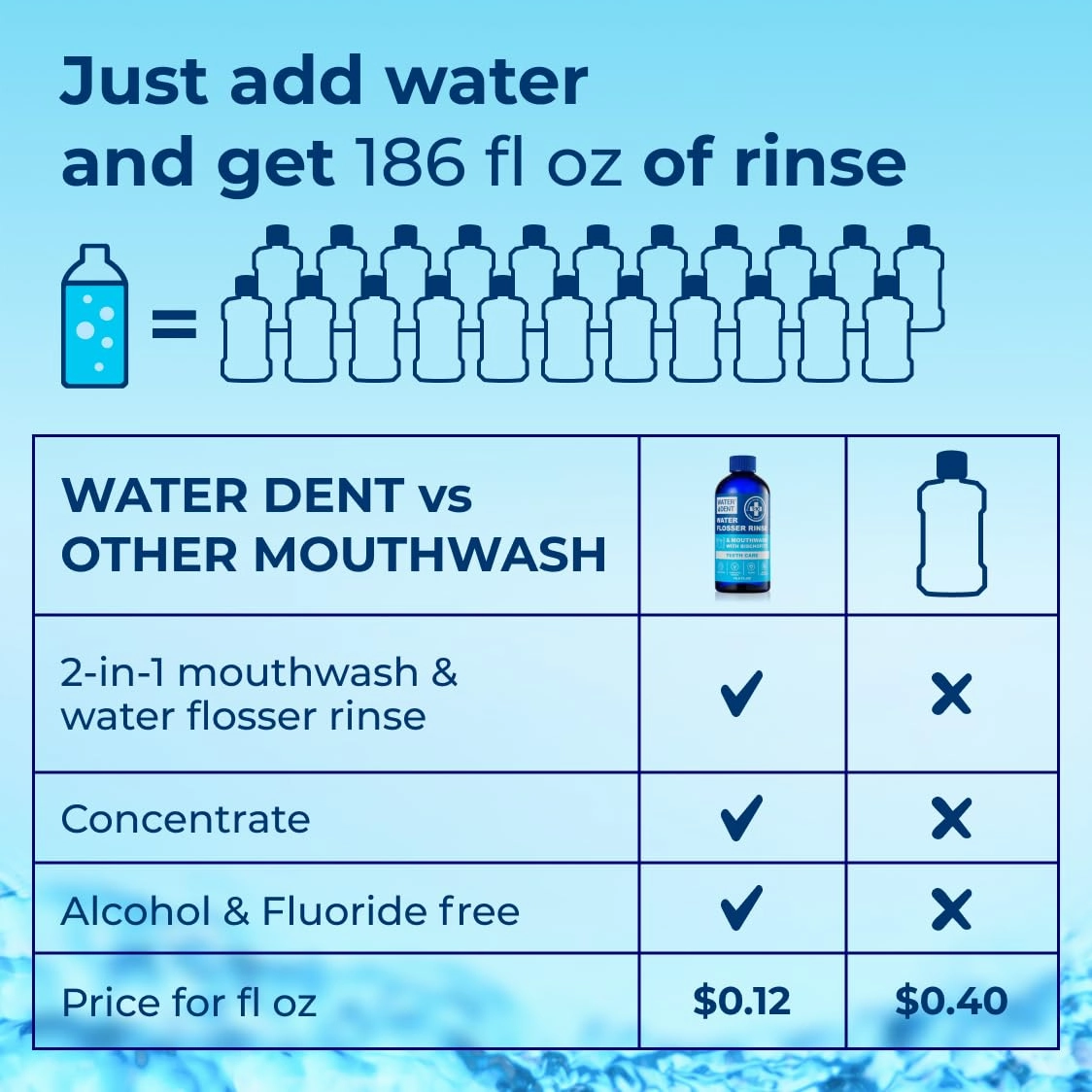 Concentrated Irrigant | Mouthwash for Water flosser | Add to Oral irrigator | Mint Flavor | When dilluted 186 fl.oz | Alcohol and Fluoride Free. Made in USA | Pack of 1 = 16.9 fl.oz WATER DENT