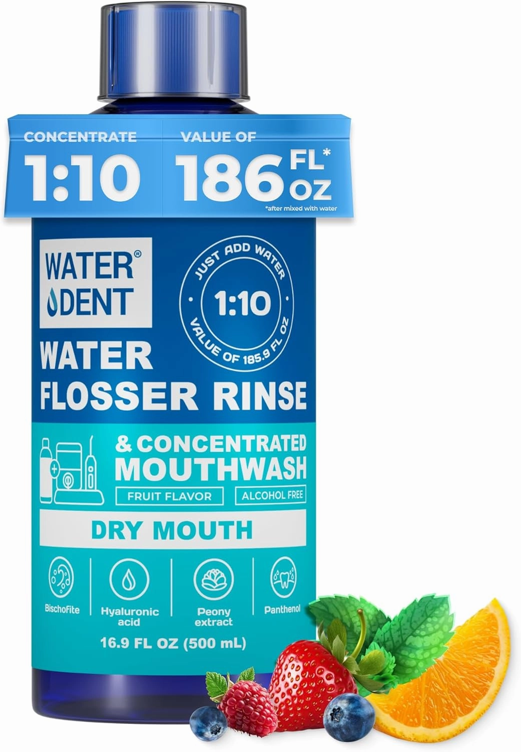 Concentrated Irrigant and mouthwash Dry Mouth | Add to Water Flossers | Fruit Flavor | When dilluted 16.9 fl.oz = 186 fl.oz | Alcohol Free, Fluoride Free. Made in USA (Non-Medical) WATER DENT