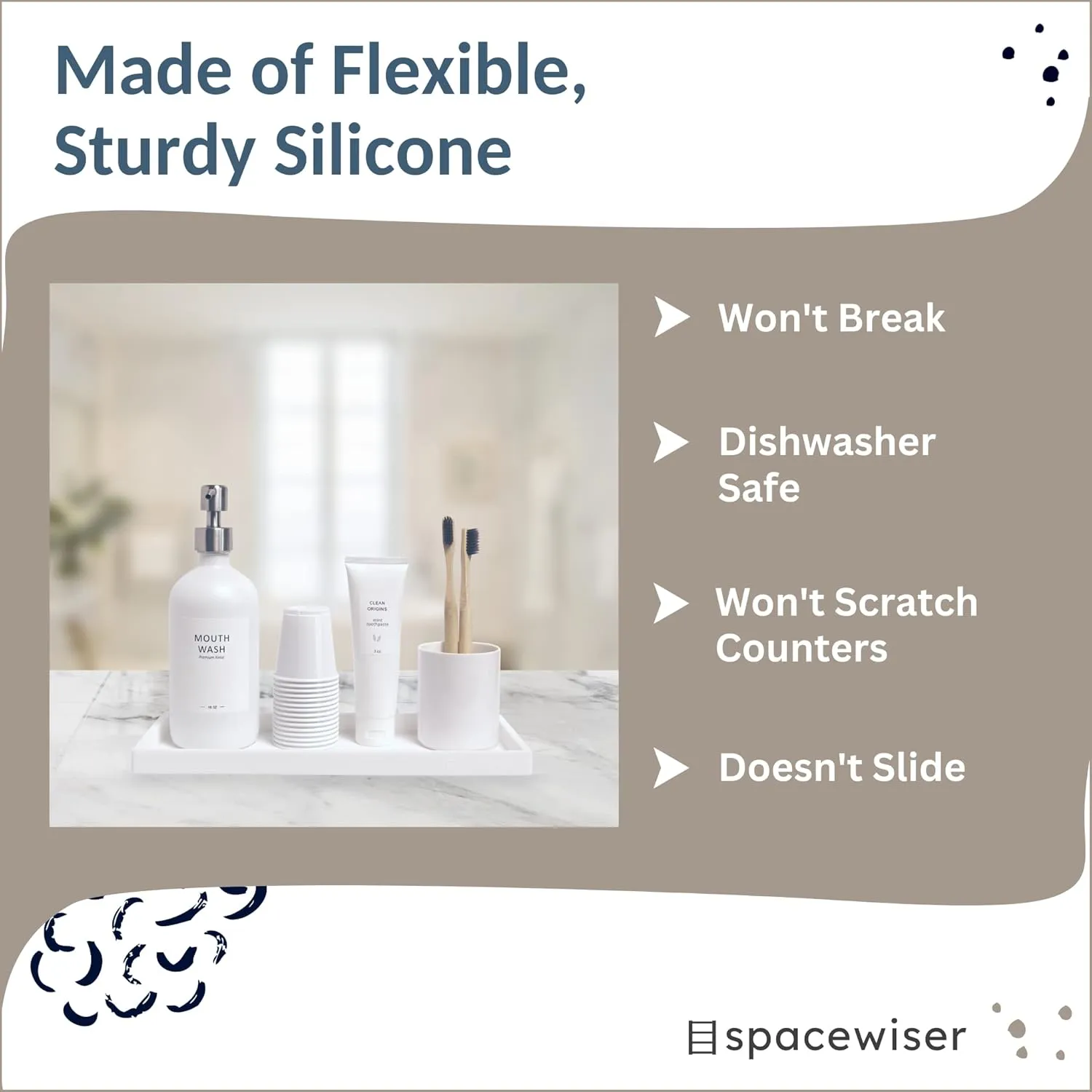 Countertop and Vanity Tray - 11.7" Silicone Bathroom Tray, Flexible Hand Dish Soap Holder for Kitchen, Bathroom Counter Organizer, Shower Toilet Tank Trays Décor, Sink Makeup Mat Oil, White