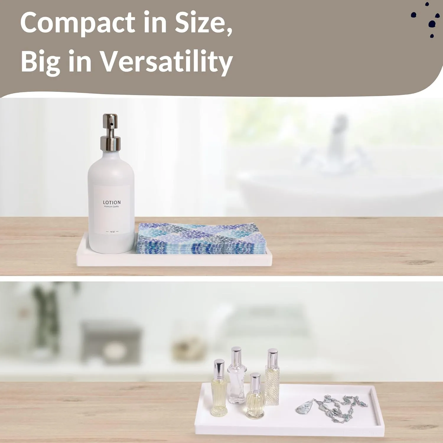 Countertop and Vanity Tray - 11.7" Silicone Bathroom Tray, Flexible Hand Dish Soap Holder for Kitchen, Bathroom Counter Organizer, Shower Toilet Tank Trays Décor, Sink Makeup Mat Oil, White