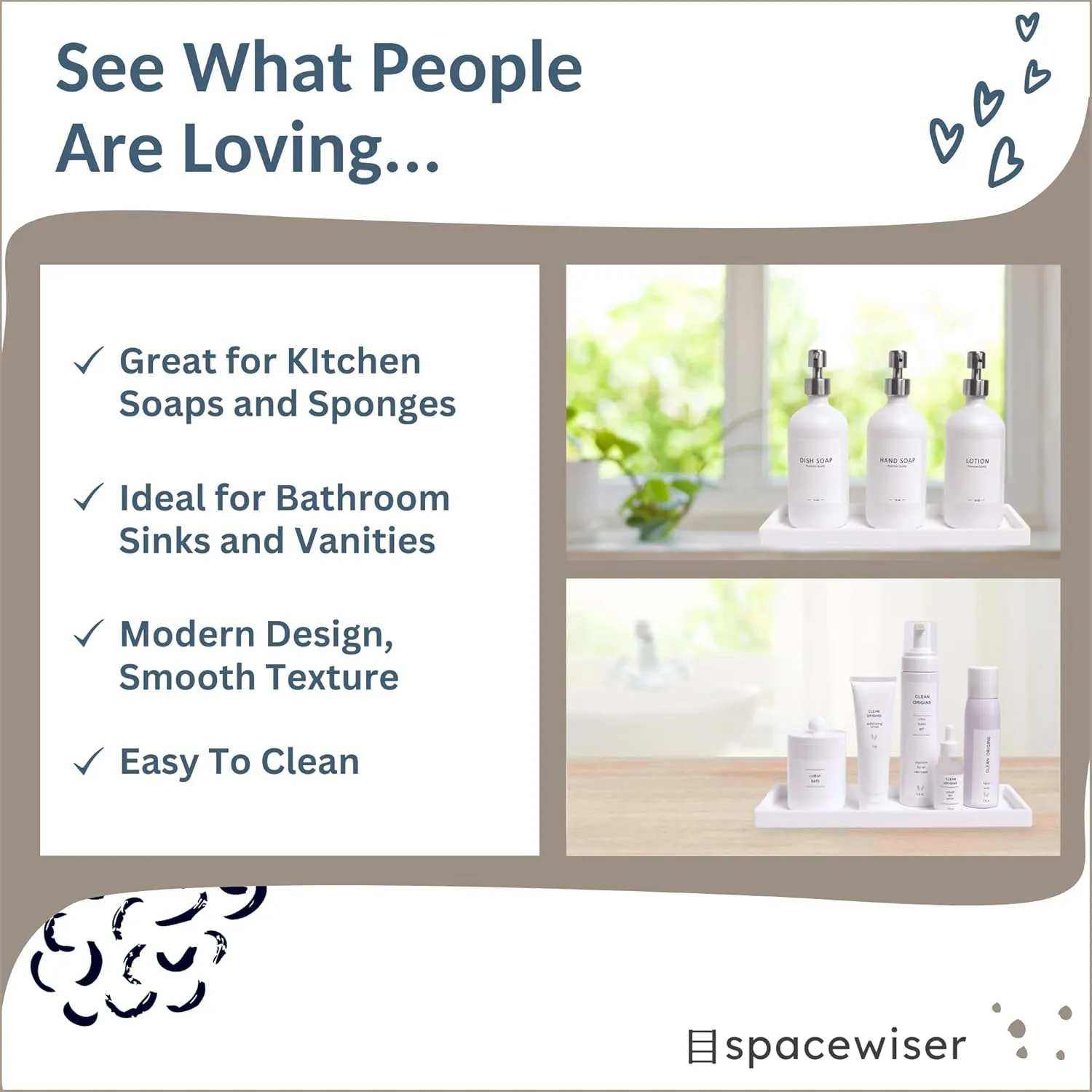 Countertop and Vanity Tray - 11.7" Silicone Bathroom Tray, Flexible Hand Dish Soap Holder for Kitchen, Bathroom Counter Organizer, Shower Toilet Tank Trays Décor, Sink Makeup Mat Oil, White