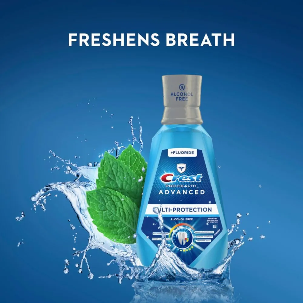 Crest Pro-Health Advanced Mouthwash, Alcohol Free, Multi-Protection, Fresh Mint, 1 L (33.8 fl oz), Pack of 2, Crest Mouthwash, Mouthwash Alcohol Free, Flouride Mouthwash