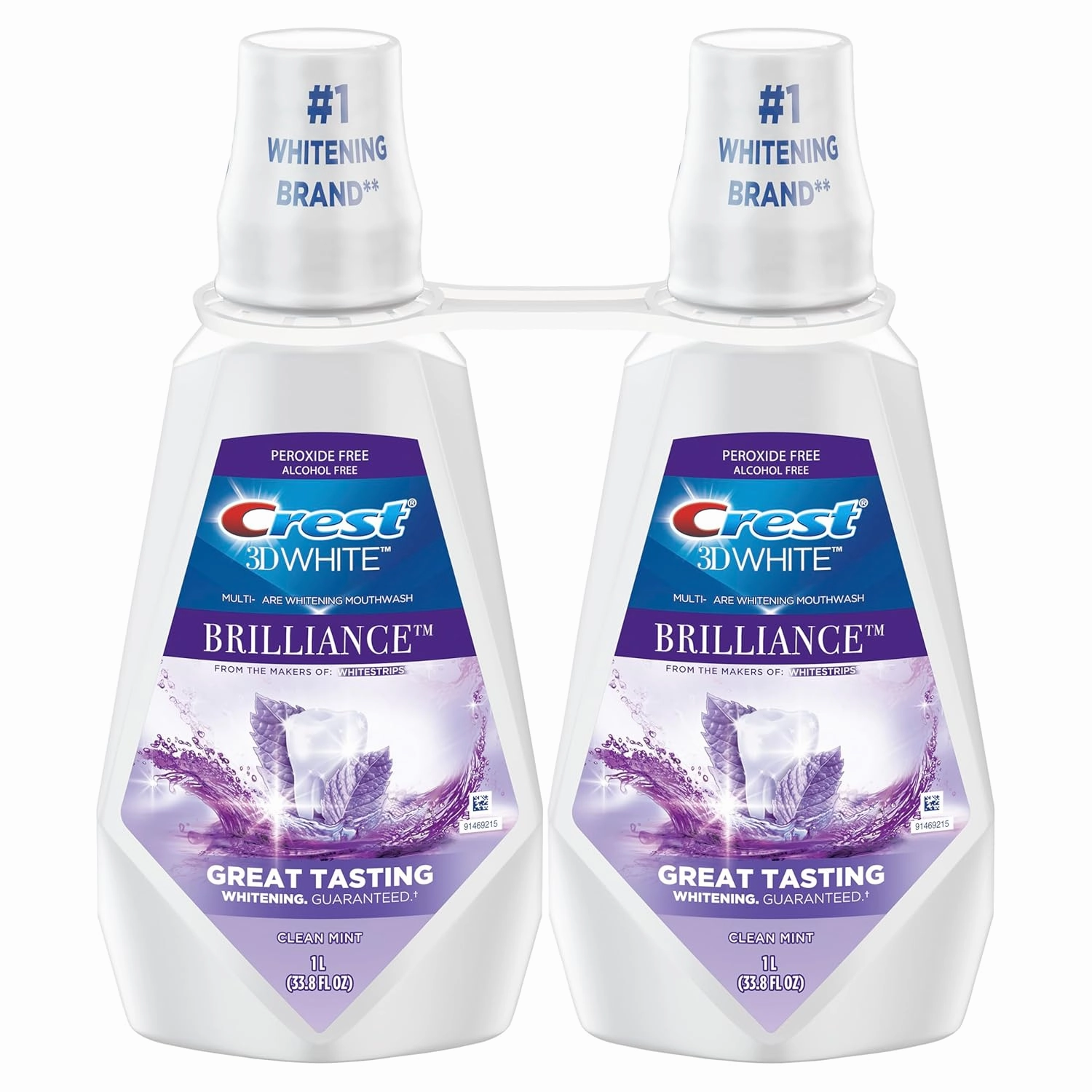 Crest Mouthwash/Mouth Rinse, 3D White Brilliance Whitening, Alcohol Free, Clean Mint, 2x1L (33.8 fl oz)