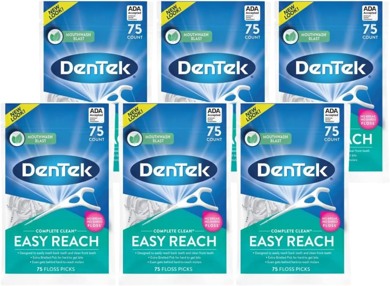 DenTek Complete Clean Easy Reach Floss Picks, Advanced Fluoride Coating, Mouthwash Blast Flavor, 75 ct. (Pack of 6)