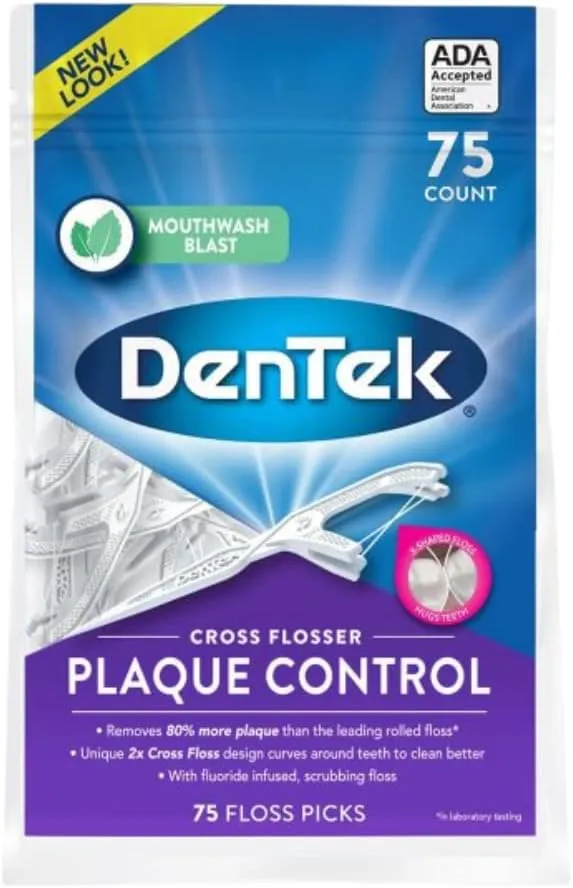 DenTek Cross Flosser Plaque Control Floss Picks, X-Shaped Floss, 75 Count, (Pack of 5)