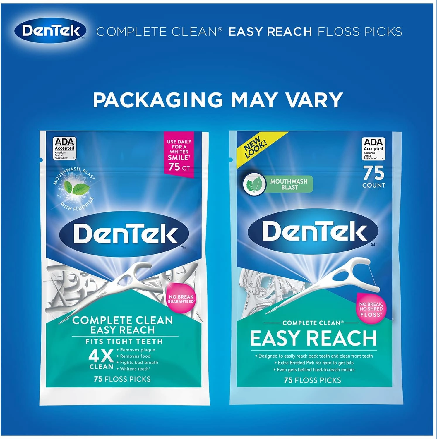 DenTek Complete Clean | Easy Reach Angled Floss Picks | No Break & No Shred Floss | Designed for Hard to Reach Molars | Y-Shaped Pick | 75 Count in Each (Pack of 5)