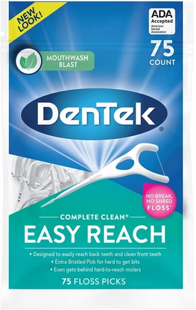 DenTek Complete Clean | Easy Reach Angled Floss Picks | No Break & No Shred Floss | Designed for Hard to Reach Molars | Y-Shaped Pick | 75 Count in Each (Pack of 5)