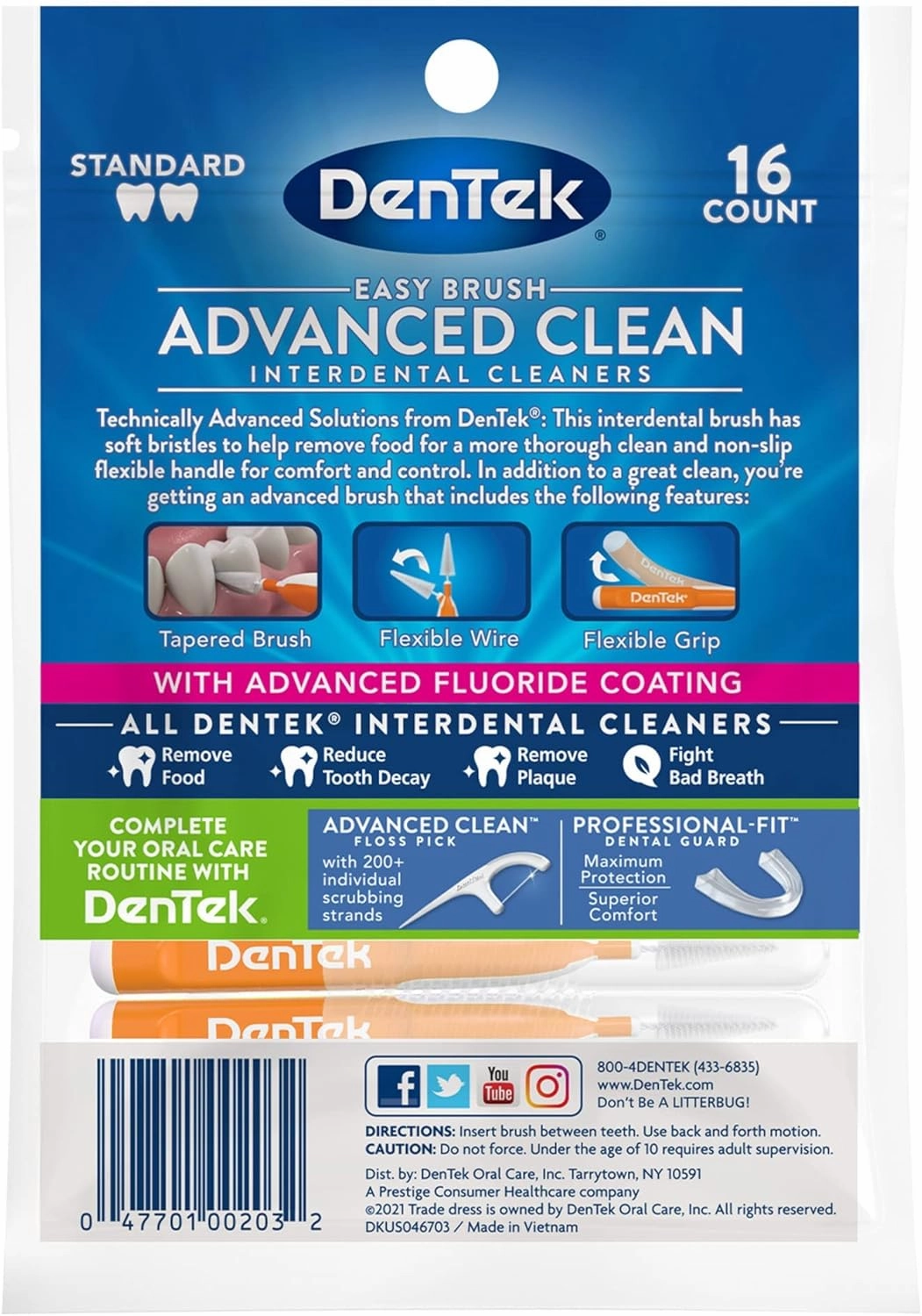 DenTek Easy Brush Advanced Clean Interdental Cleaners, Standard, 16 Count, 6 Pack