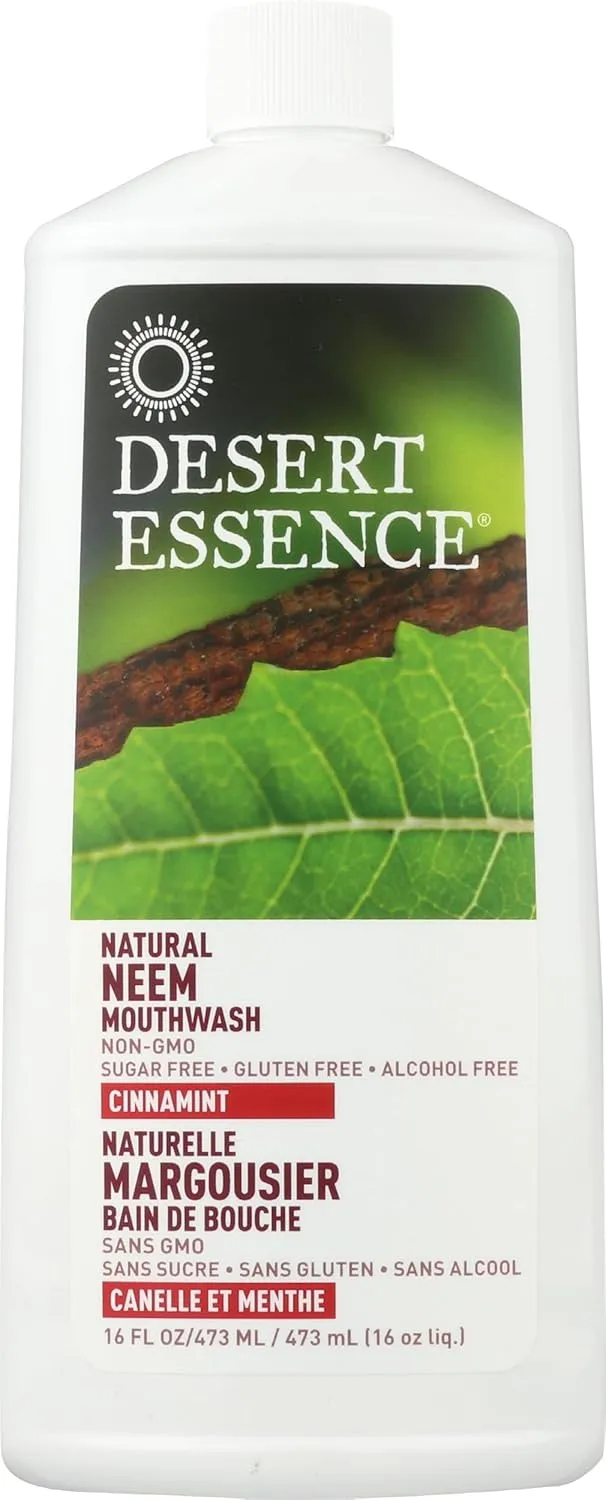 Desert Essence Alcohol-Free Mouthwash with Tea Tree Oil and Aloe, Sugar-Free, Oral Rinse to Fight Bad Breath & Dry Mouth, Vegan, Non-GMO, SLS-Free, Gluten-Free, Cinnamint Flavor, 16oz