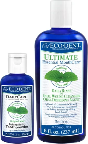 Eco-Dent Oral Care Bundle - DailyCare Baking Soda Toothpowder   DailyRinse Oral Wound Cleaner, Debriding Agent, Effervescent Tooth Powder & Mouthwash with Essential Oils, Mint Flavor (2 Piece Set)