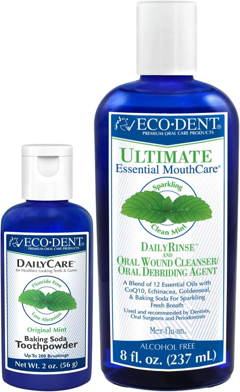 Eco-Dent Oral Care Bundle - DailyCare Baking Soda Toothpowder   DailyRinse Oral Wound Cleaner, Debriding Agent, Effervescent Tooth Powder & Mouthwash with Essential Oils, Mint Flavor (2 Piece Set)