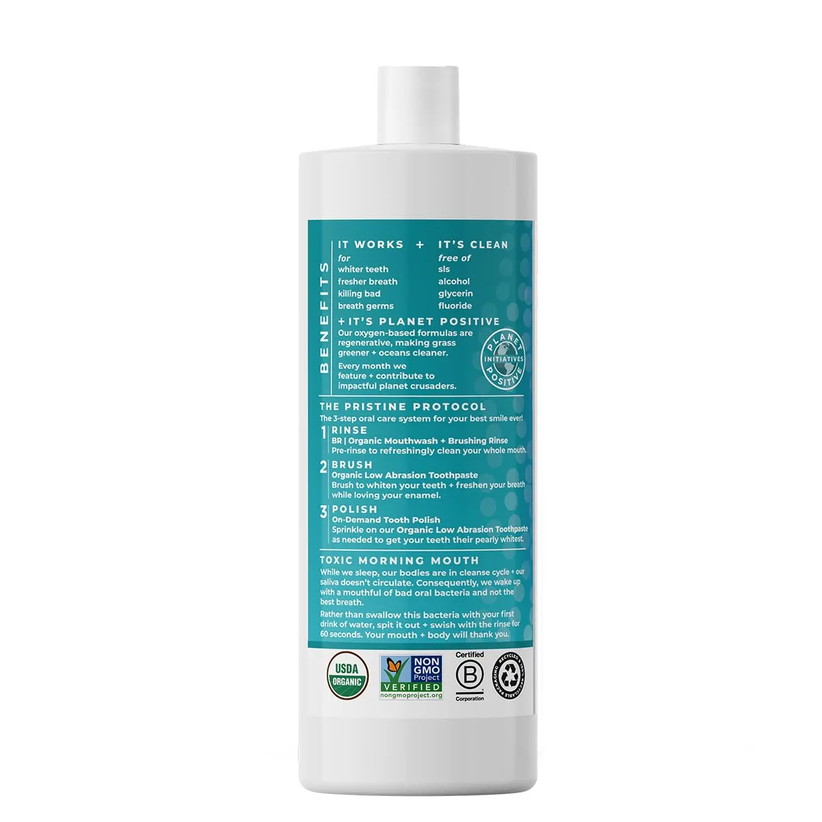Essential Oxygen Certified BR Organic Brushing Rinse, All Natural Mouthwash for Whiter Teeth, Fresher Breath, and Happier Gums, Alcohol-Free Oral Care, Peppermint, 32 Ounce