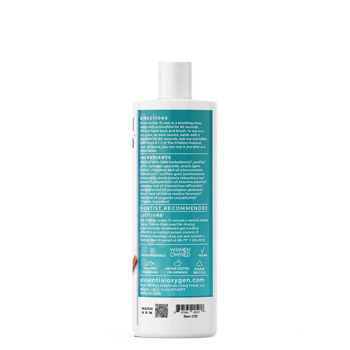 Essential Oxygen, Certified Organic Brushing Rinse, Cinnamint, 16 fl oz, All Natural Mouthwash for Whiter Teeth, Fresher Breath, and Happier Gums, Dentist Recommended, Alcohol-Free, BR (Pack of 1)