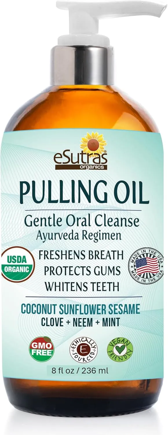 eSutras Pulling Oil Herbal Mouthwash Powerful Coconut Sesame Sunflower Oils   Essential Oils, Mint Clove Whitens Teeth Refreshes Breath Strengthens Gums
