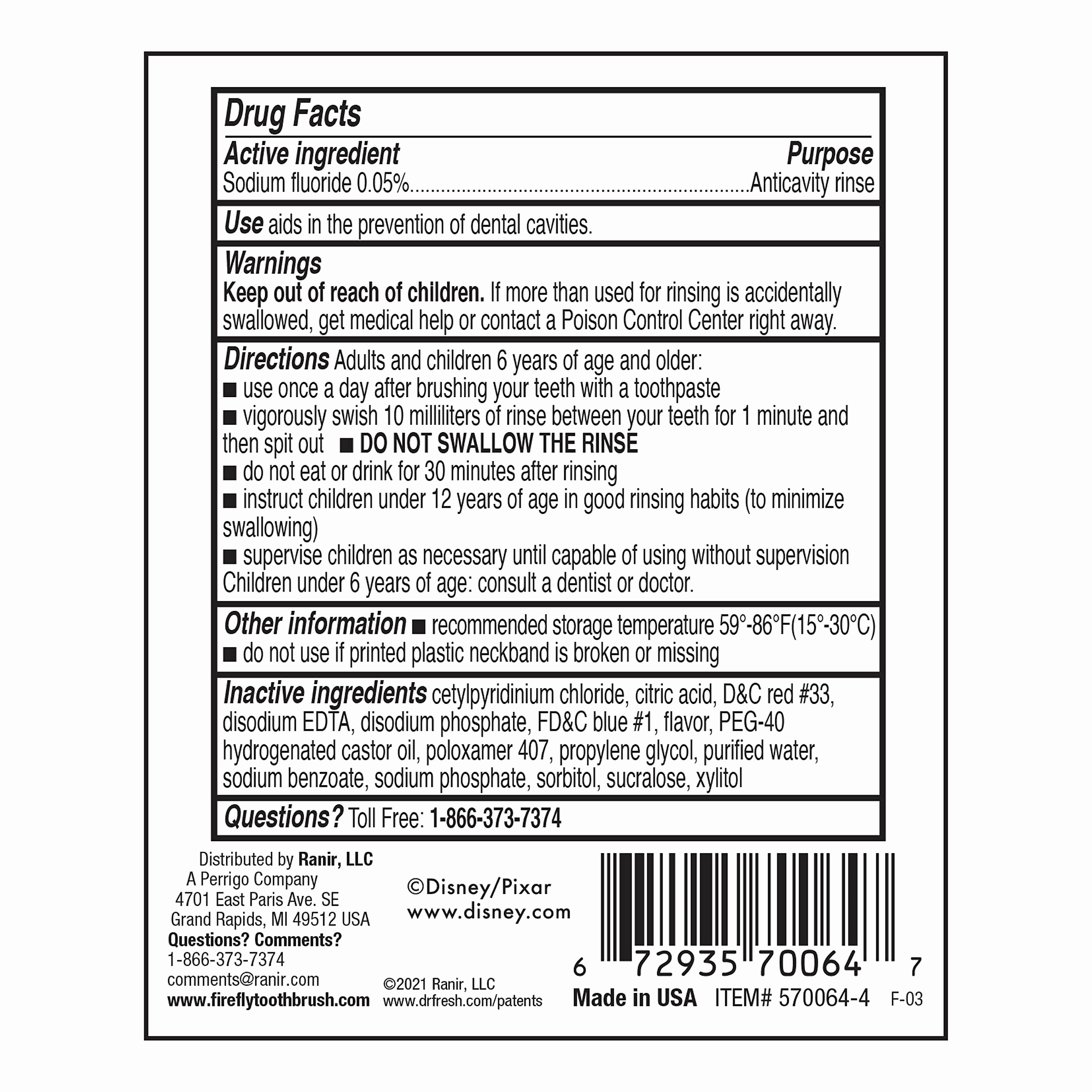 Firefly Anticavity Fluoride Rinse, Toy Story, Alcohol Free Formula, ADA Accepted, Helps Prevent Cavities, Bubble Berry Flavor, 16 Ounce