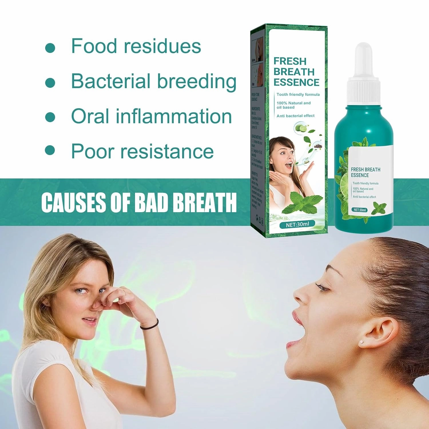 Fresh Breath Oral Care Essence, Breath Treatment for Adults, Dry and Bad Mouth Smell Removing Drops, Easy to Carry and Handy Fresh Breath Oil-serum, 30 mL, 1.01 Oz (3PCS)