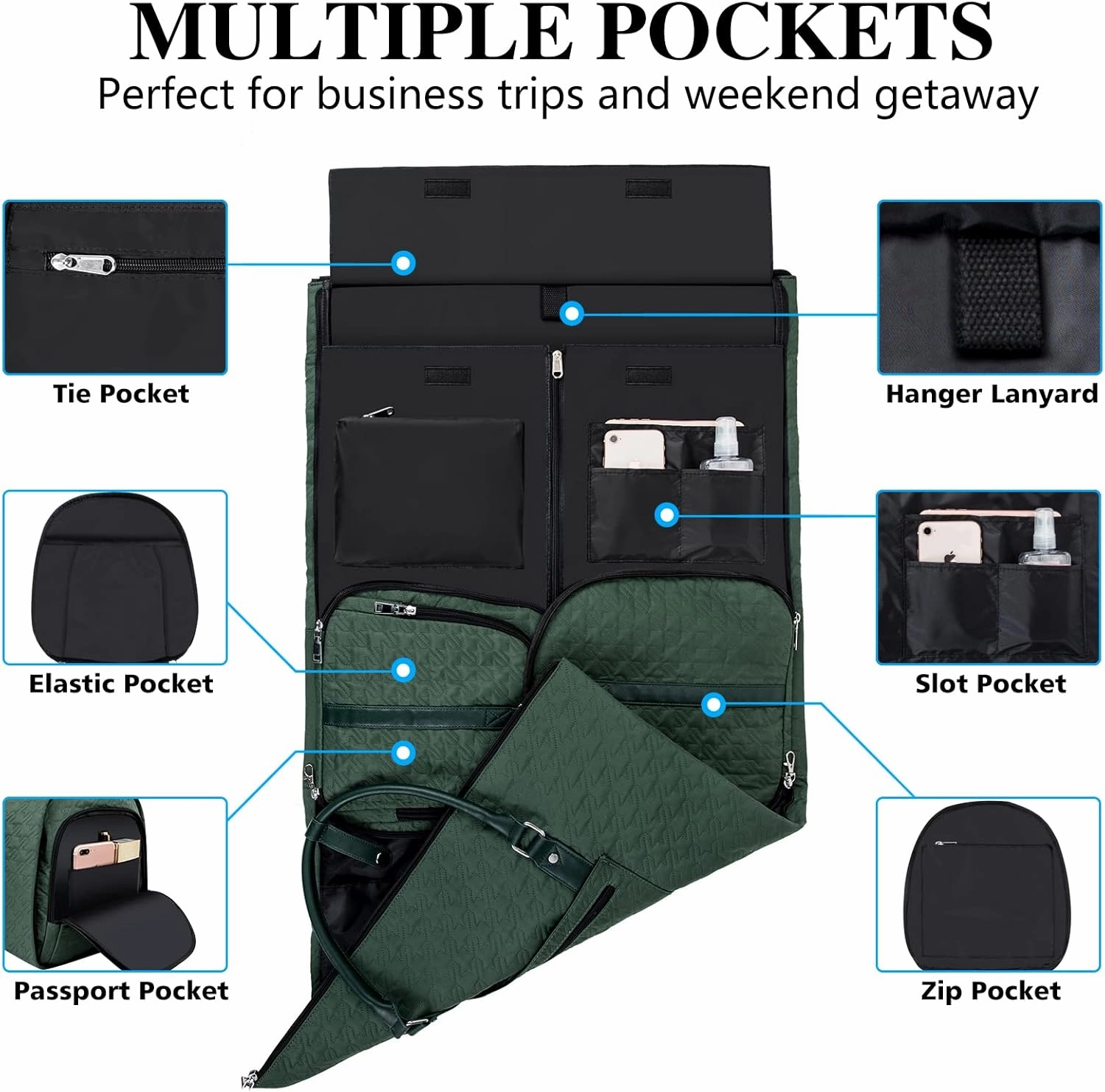 Garment Bag for Travel With Toiletry Bag Convertible Carry On Weekender Bag Large Travel Duffel Bags for Women 2 in 1 Hanging Suitcase Suit Travel Bags for Women & Men 3pcs Set (H-Green)