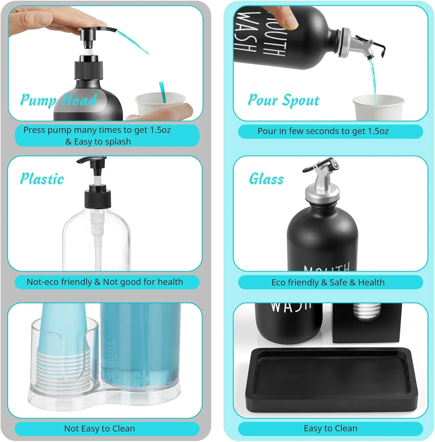 Glass Mouthwash Dispenser for Bathroom, 16 OZ Mouthwash Dispenser with Pour Spout and Wood Cup Holder and Tray, Mouth Wash Bottle Container, Black Kitchen Bathroom Decor and Accessories