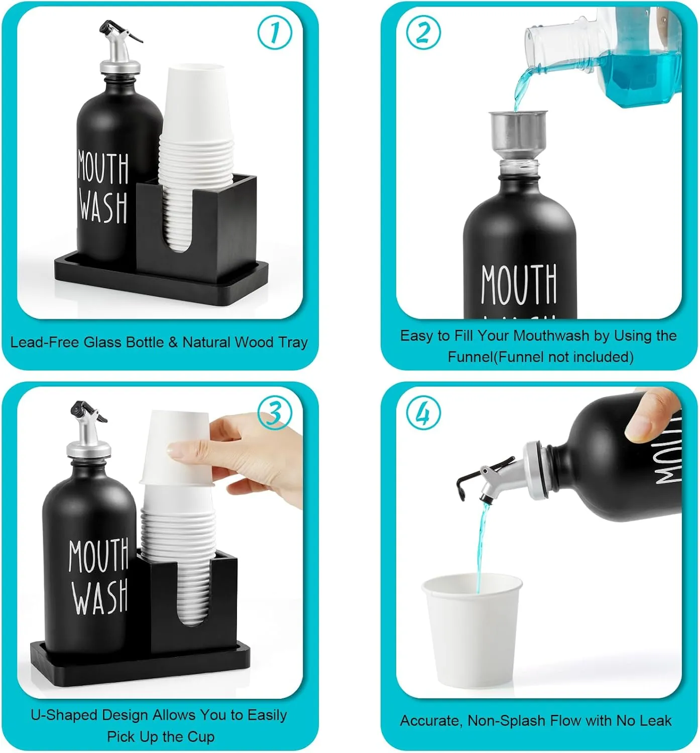 Glass Mouthwash Dispenser for Bathroom, 16 OZ Mouthwash Dispenser with Pour Spout and Wood Cup Holder and Tray, Mouth Wash Bottle Container, Black Kitchen Bathroom Decor and Accessories