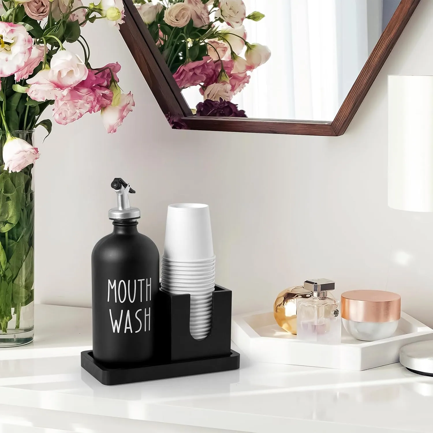 Glass Mouthwash Dispenser for Bathroom, 16 OZ Mouthwash Dispenser with Pour Spout and Wood Cup Holder and Tray, Mouth Wash Bottle Container, Black Kitchen Bathroom Decor and Accessories