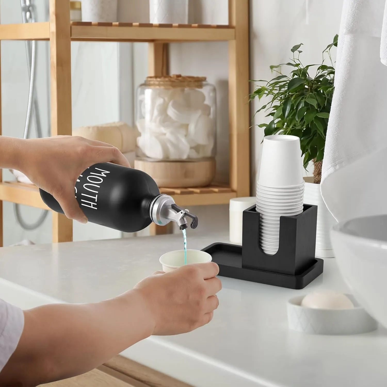 Glass Mouthwash Dispenser for Bathroom, 16 OZ Mouthwash Dispenser with Pour Spout and Wood Cup Holder and Tray, Mouth Wash Bottle Container, Black Kitchen Bathroom Decor and Accessories