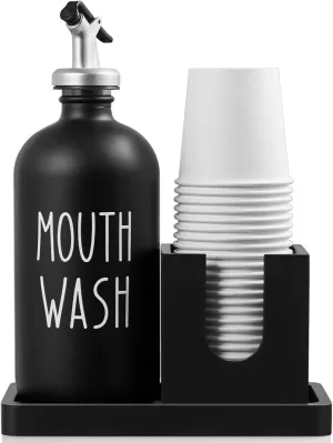 Glass Mouthwash Dispenser for Bathroom, 16 OZ Mouthwash Dispenser with Pour Spout and Wood Cup Holder and Tray, Mouth Wash Bottle Container, Black Kitchen Bathroom Decor and Accessories