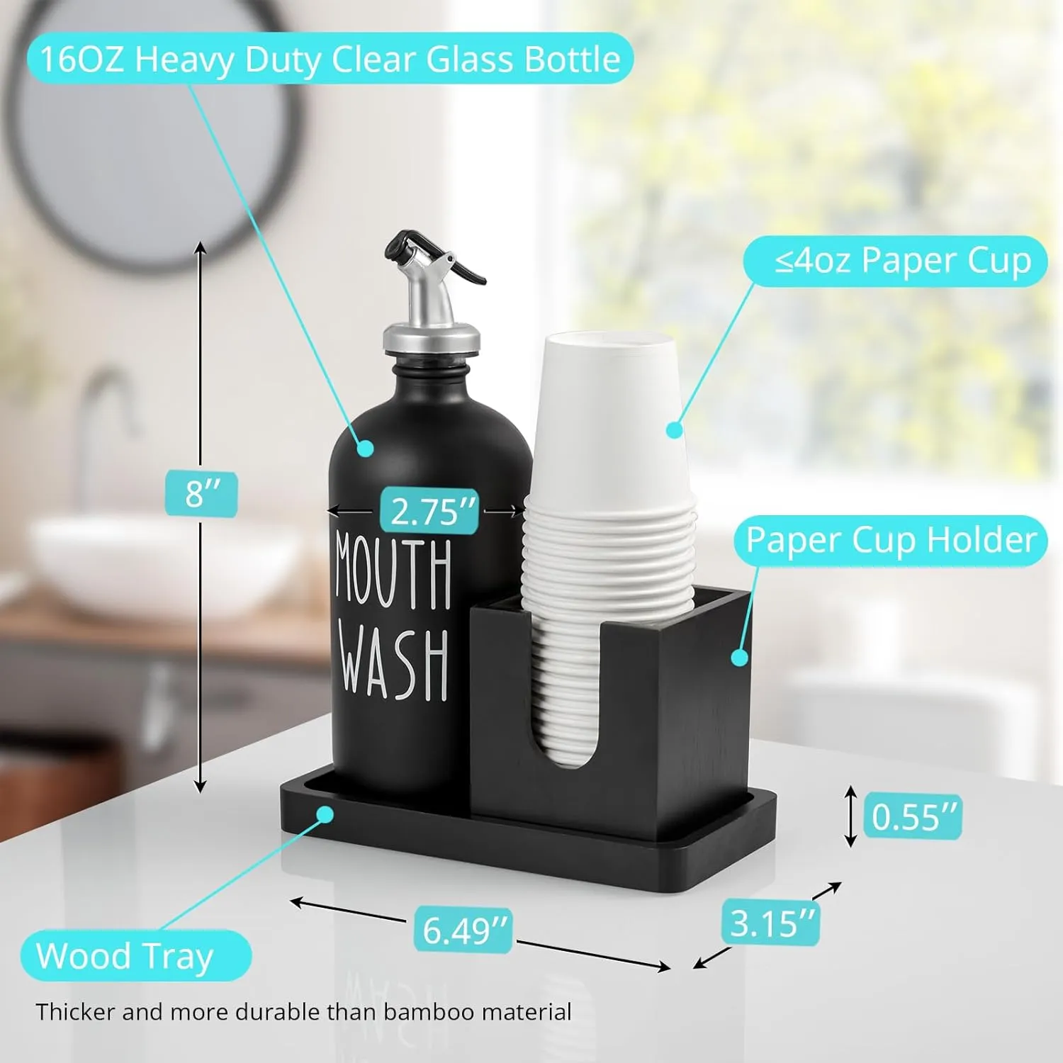 Glass Mouthwash Dispenser for Bathroom, 16 OZ Mouthwash Dispenser with Pour Spout and Wood Cup Holder and Tray, Mouth Wash Bottle Container, Black Kitchen Bathroom Decor and Accessories
