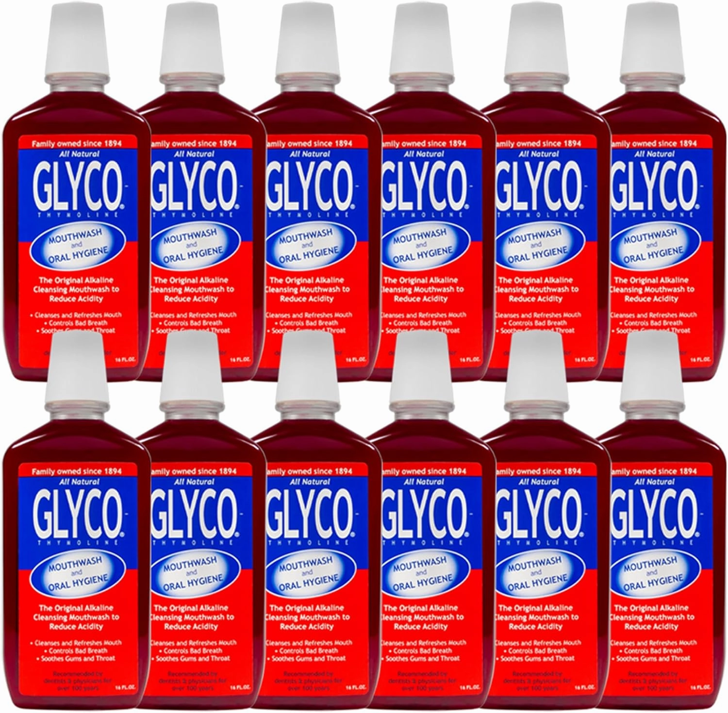 GLYCO THYMOLINE Mouthwash and Oral Hygiene Liquid, The Original Alkaline Cleansing Solution for Reduced Acidity, Soothing Gums & Throat and Fresh Breath, 16 oz (Pack of 12)