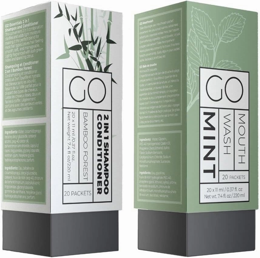Go Essentials Travel Mouthwash and Travel 2 in 1 Shampoo Conditioner Bundle. Contains 20 Single Unit Packets of Each. Great for Airbnb, Trips, spas, Hotels, Resorts, Gift Baskets.