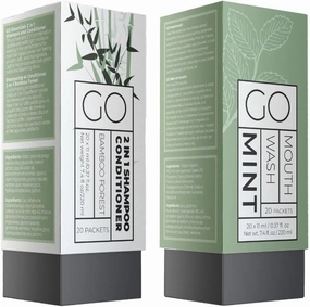 Go Essentials Travel Mouthwash and Travel 2 in 1 Shampoo Conditioner Bundle. Contains 20 Single Unit Packets of Each. Great for Airbnb, Trips, spas, Hotels, Resorts, Gift Baskets.
