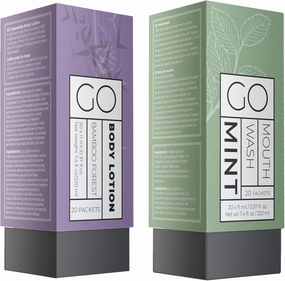 Go Essentials Travel Mouthwash and Travel Body Lotion Bundle. Contains 20 Single Unit Packets of Each. Great for Airbnb, Trips, spas, Hotels, Resorts, Gift Baskets.