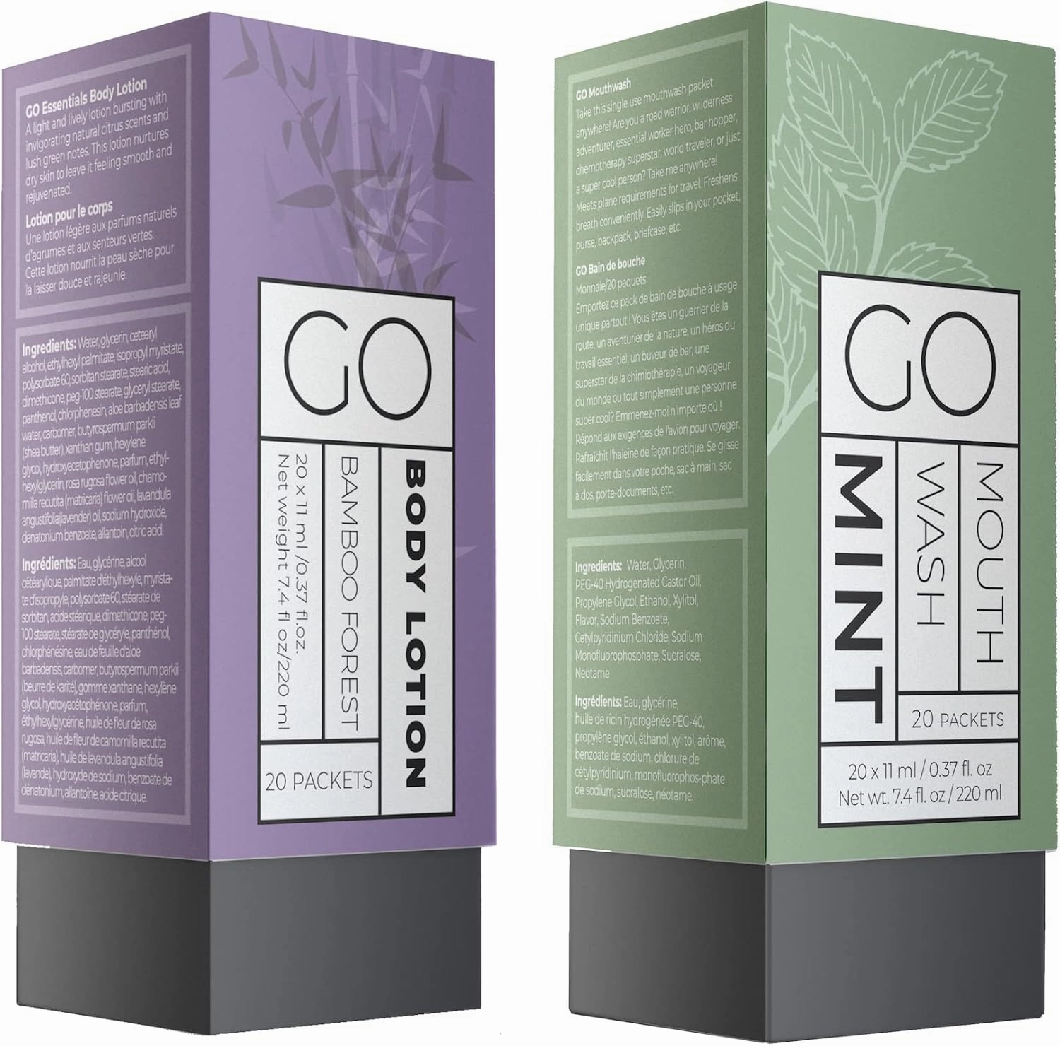 Go Essentials Travel Mouthwash and Travel Body Lotion Bundle. Contains 20 Single Unit Packets of Each. Great for Airbnb, Trips, spas, Hotels, Resorts, Gift Baskets.