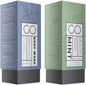 Go Essentials Travel Mouthwash and Travel Body Wash Bundle. Contains 20 Single Unit Packets of Each. Great for Airbnb, Trips, spas, Hotels, Resorts, Gift Baskets.