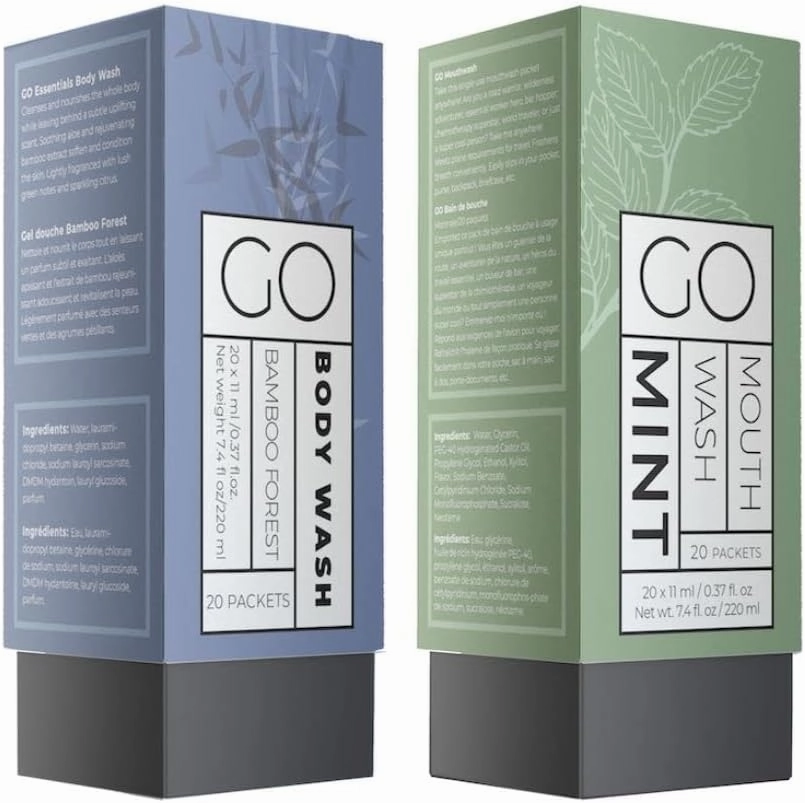 Go Essentials Travel Mouthwash and Travel Body Wash Bundle. Contains 20 Single Unit Packets of Each. Great for Airbnb, Trips, spas, Hotels, Resorts, Gift Baskets.