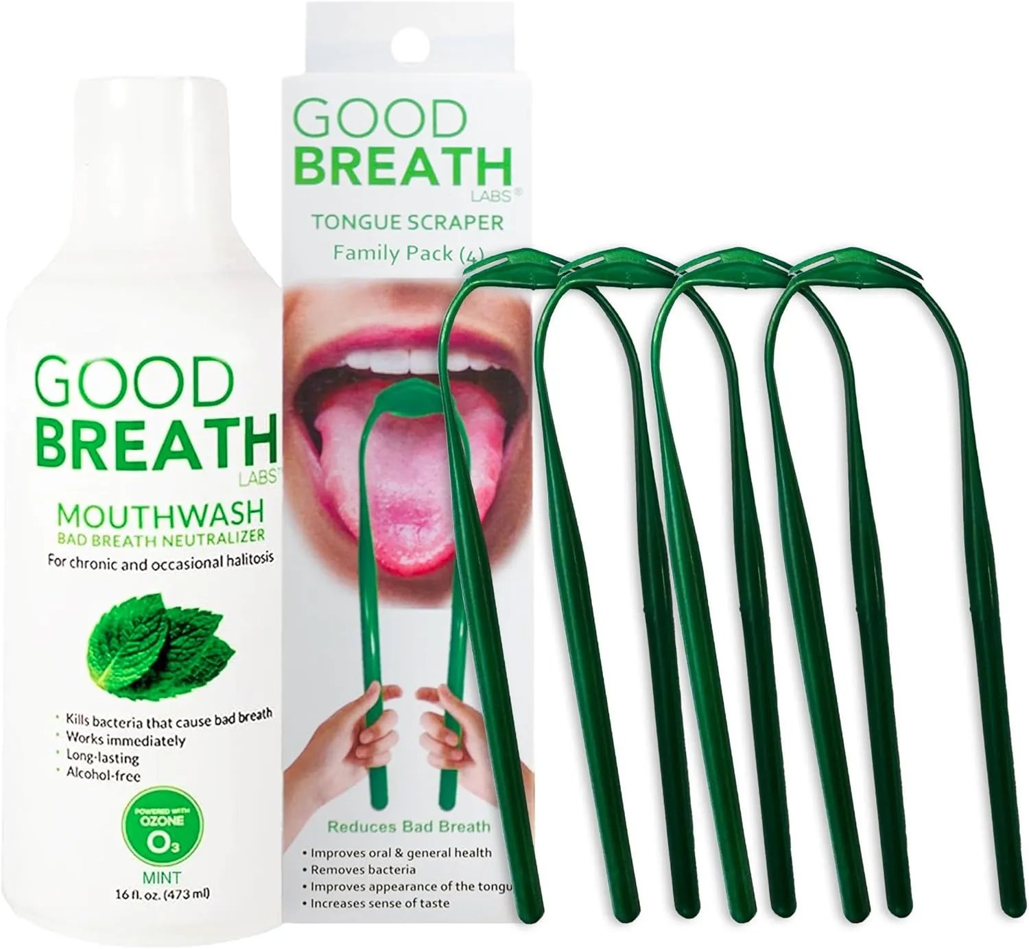 Goodbreath Mouthwash Mint Mouth Rinse (16 Oz)   Tongue Scraper (4 Pack) for Chronic Halitosis