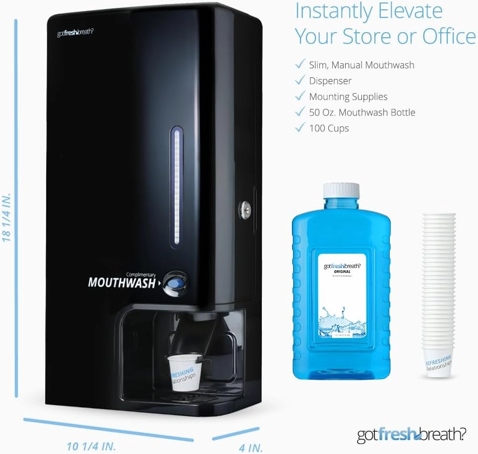 GotFreshBreath Automatic Mouthwash Dispenser for Bathrooms – Standing or Wall-Mounted, Slim, Commercial Mouthwash Dispenser with 100 Cups & 50 Oz. Mouthwash – Black…