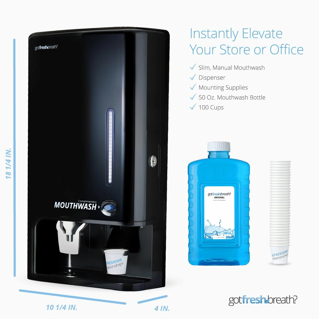 GotFreshBreath Manual Mouthwash Dispenser with Cup Holder – Standing or Wall-Mounted, Slim, Commercial Mouthwash Dispenser with 100 Cups & 50 Oz. Alcohol-Free Mouthwash (Black)…
