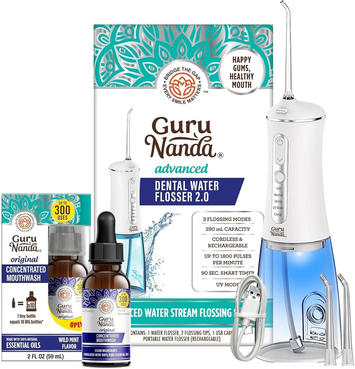 GuruNanda Advanced Water Flosser 2.0 with UV Mode & Concentrated Mouthwash Duo - Fresh Breath & Thorough Plaque Removal for a Brighter Smile