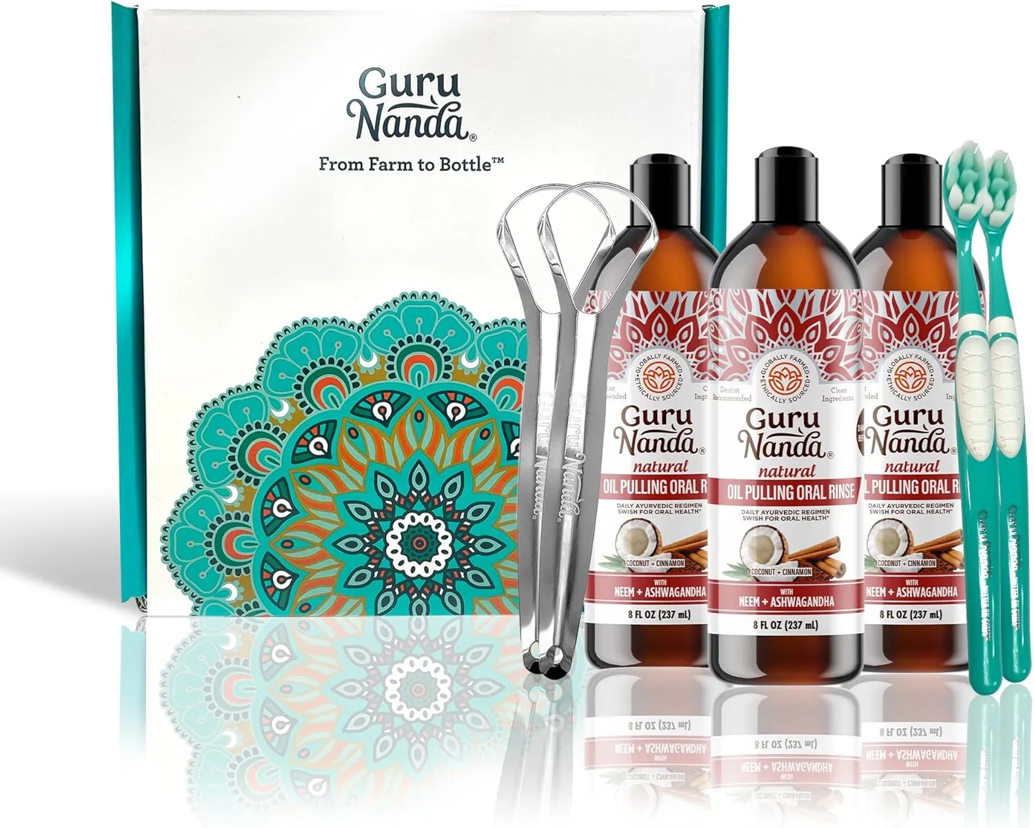 GuruNanda Ashwagandha Oil Pulling with Neem, & Pure Essential Oils - Ayurveda-Inspired Formula for Daily Oral Care - Alcohol & Fluoride Free, 3x8 Fl Oz