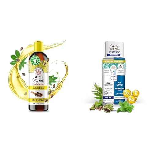 GuruNanda Castor Oil 8oz & Teeth Whitening Dual Barrel Mouthwash 20oz Bundle - Cold Pressed Castor Oil for Hair, Eyebrows & Eyelashes Growth with Alcohol & Fluoride Free to Promote Whiter Teeth