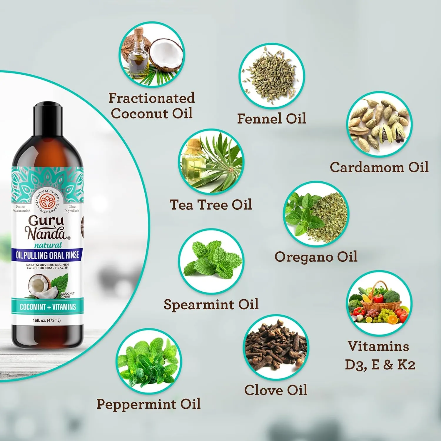 GuruNanda CocoMint Oil Pulling Mouthwash for Complete Oral Hygiene, 7 Essential Oils & Vitamins for Happy Teeth & Gums & Fresh Breath, Alcohol-Free, 16 oz